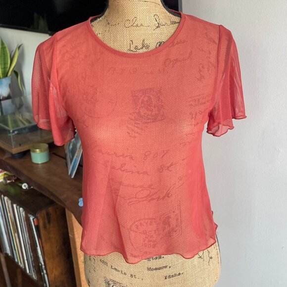 Blue Blush • Red Rust Orange Sheer Mesh Cropped Top | Women’s S/M - Picture 1 of 10
